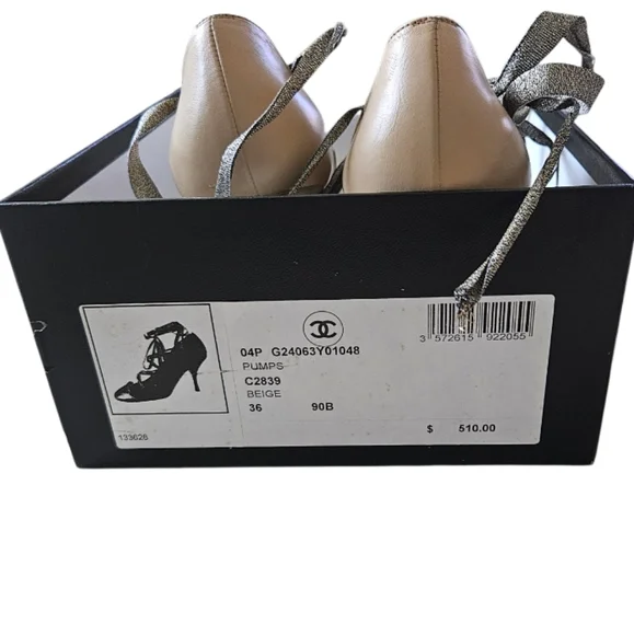 CHANEL Beige & Gold Lace Up Pumps Size 36